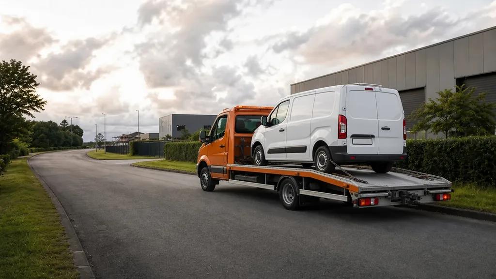 Remorquage Argentan zone industrielle : dépanneuse plateau chargeant un utilitaire de jour