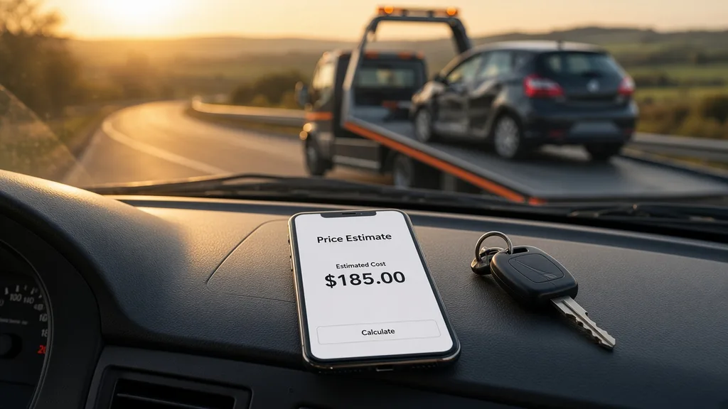 Estimation de tarif remorquage sur smartphone dans la cabine d’une dépanneuse près d’Alençon