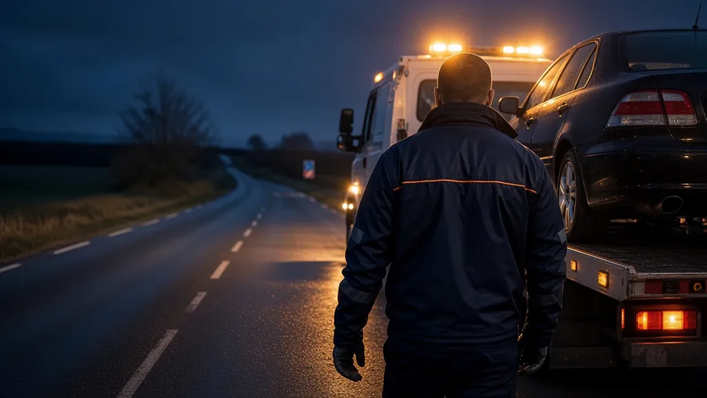 Dépanneuse plateau aux gyrophares allumés pour une intervention d’urgence de nuit à Alençon