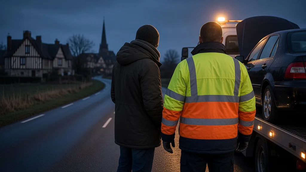 Technicien de dépannage dialoguant avec un automobiliste près d’une dépanneuse à Alençon
