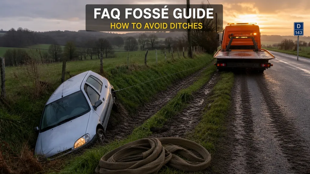 FAQ fossé talus : traces de pneus dans l’herbe et sangle de treuil au bord de la route