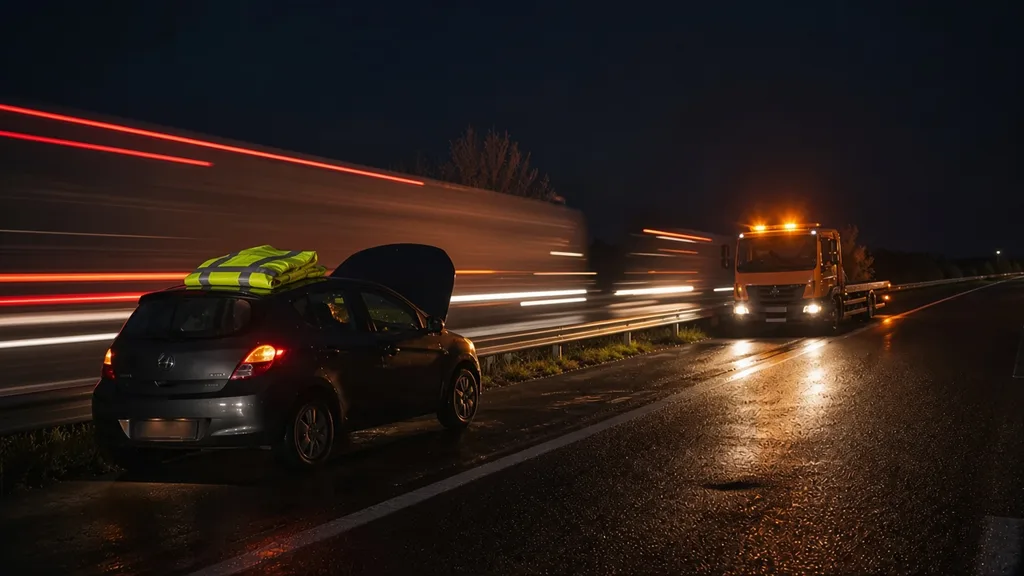 FAQ panne nationale : gilet réfléchissant sur le toit, circulation floue sur bande d’arrêt
