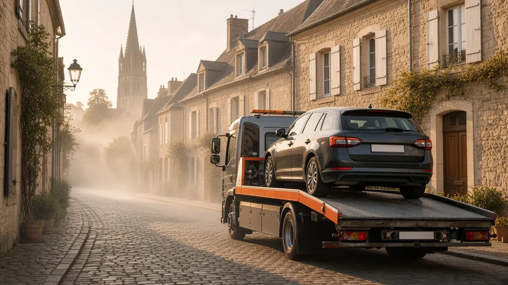 FAQ remorquage Alençon : dépanneuse plateau dans une rue calme au petit matin