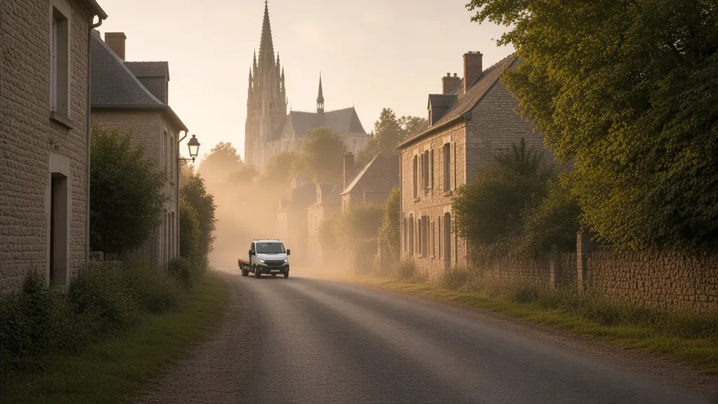 FAQ dépannage Sées : route brumeuse vers la ville cathédrale dans l’Orne