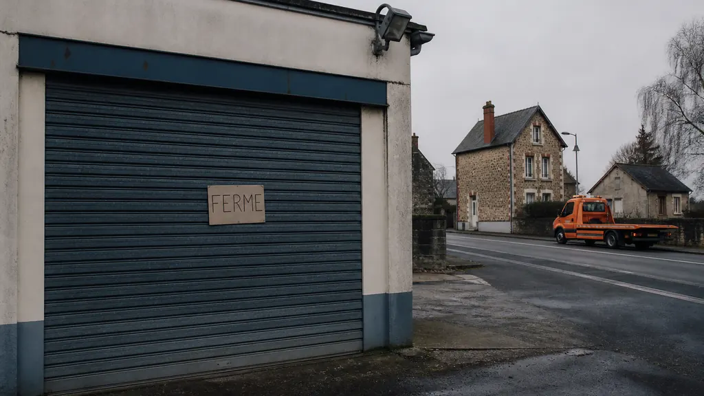 Garage ornais fermé le dimanche, dépanneuse plateau orange visible au loin sur la route