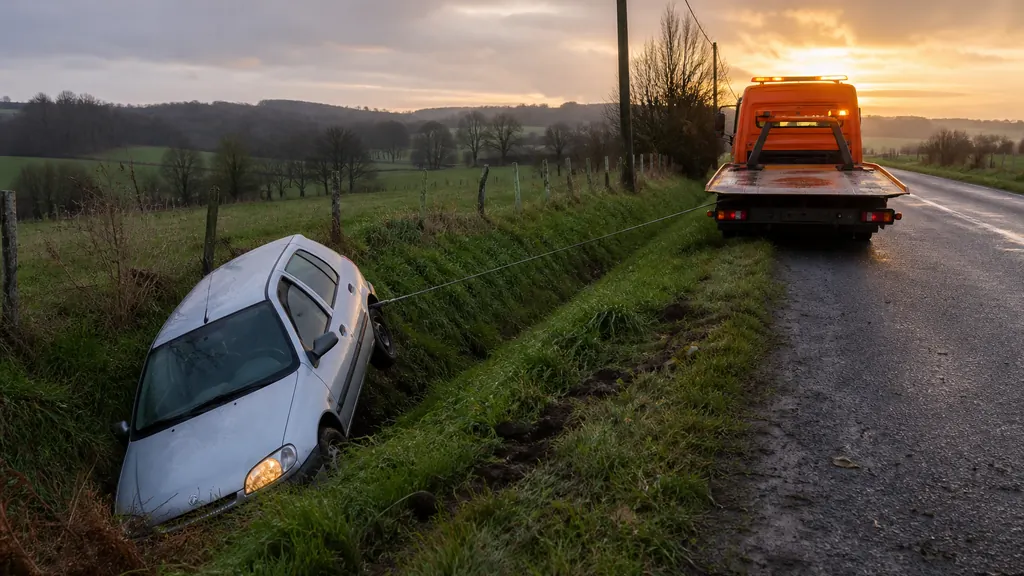 Voiture dans un fossé de départementale ornaise, treuil et dépanneuse plateau sur la chaussée