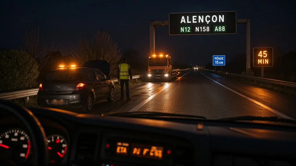 Trajet et délais de remorquage depuis Alençon sur nationale ornaise vue du tableau de bord