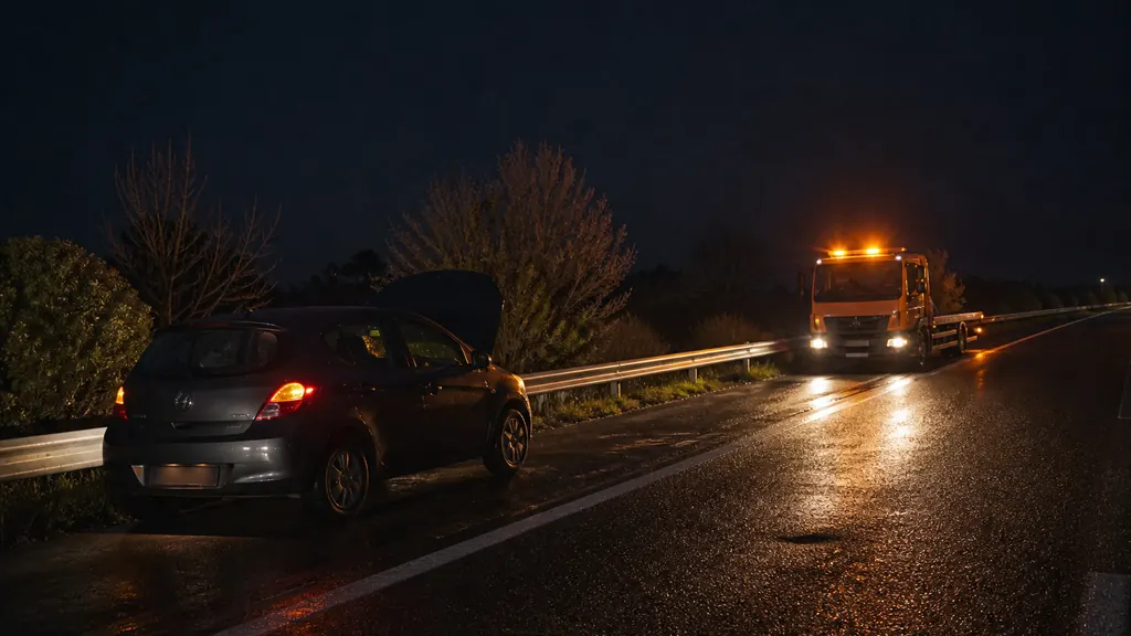 Véhicule en panne sur bande d’arrêt d’une nationale ornaise, dépanneuse plateau en approche