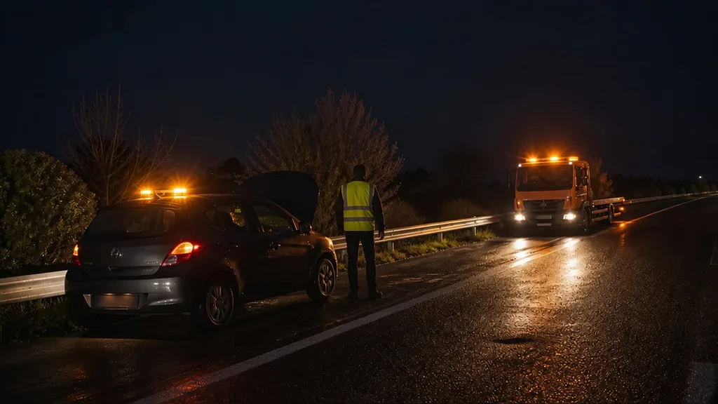 Automobiliste en sécurité derrière la glissière, dépanneuse plateau abordant une panne sur nationale ornaise
