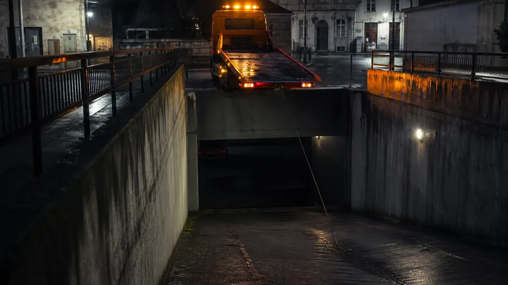 Dépanneuse plateau orange en surface, câble de treuil descendant dans un parking souterrain à Alençon