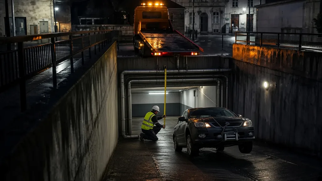 Mesure de hauteur de rampe de parking souterrain avant sortie au treuil à Alençon