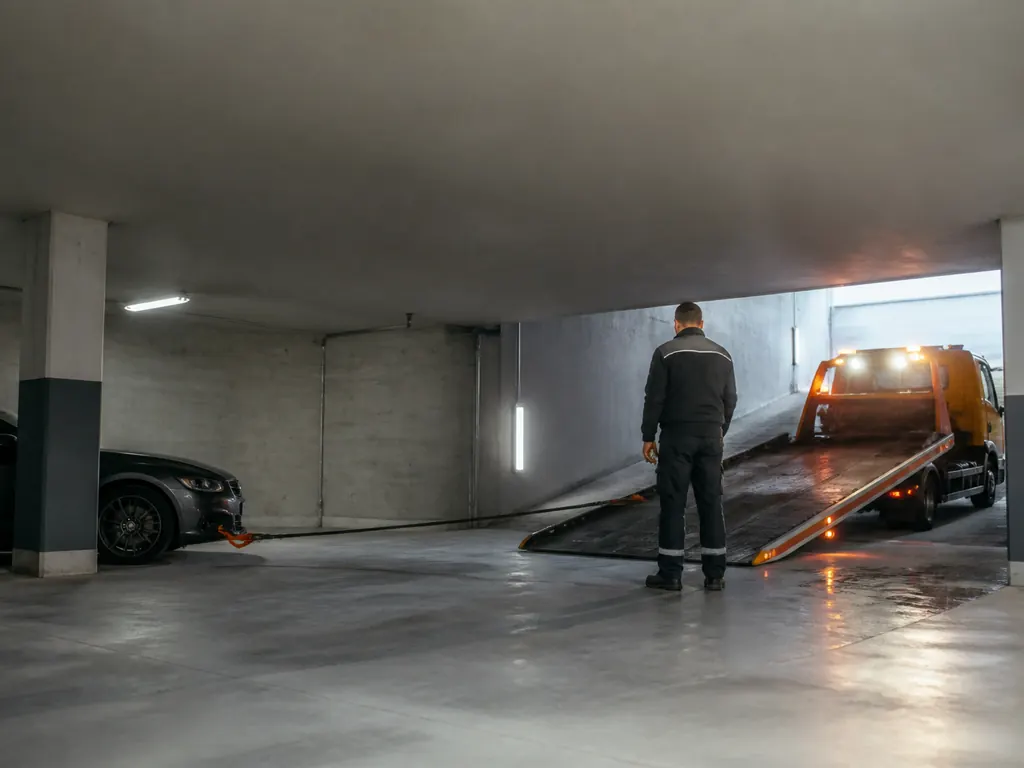 Sortie de sous-sol au treuil : véhicule extrait d’un parking souterrain par dépanneuse à Alençon