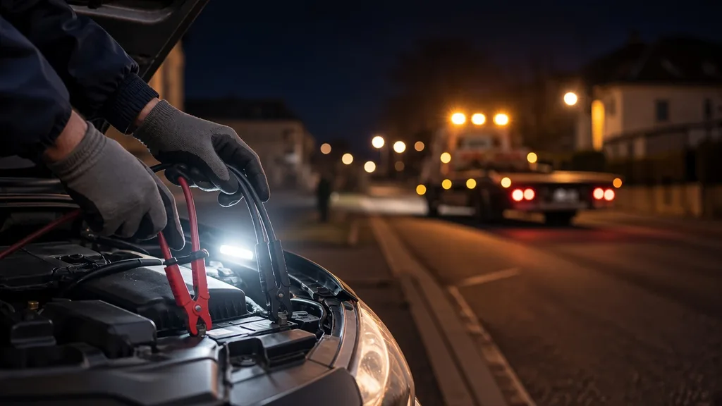 Démarrage de batterie 24h/24 à Alençon : câbles de secours sous lampe de travail la nuit